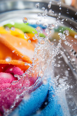 Fototapeta premium Inside washing machine view. Colored laundry is being washed with splashing water and foam around. Hygiene and cleanliness concept background.