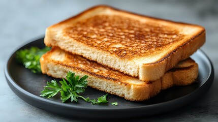 Golden-brown grilled cheese sandwich on white bread served on dark plate with fresh parsley garnish, showcasing crispy toasted exterior and melted interior.