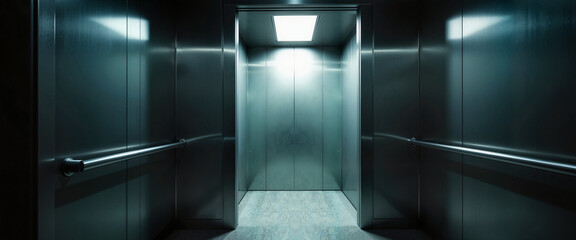 Eerie elevator doors slightly open revealing void inside, anxiety