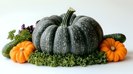 Large dark green pumpkin with orange mini pumpkins and fresh curly kale leaves on white background, seasonal harvest composition for autumn decoration.