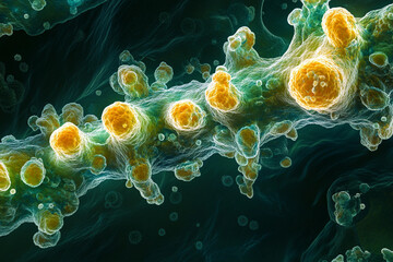 Generative AI close-up of virus structures with detailed molecular design and glowing particle effects