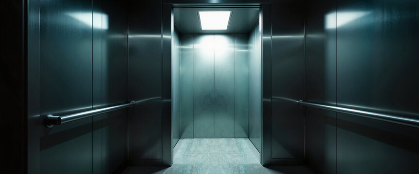Eerie elevator doors slightly open revealing void inside, anxiety