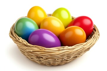 Vibrant Easter eggs in a basket on a white background, viewed from the top, with a border and copy space, representing Easter traditions