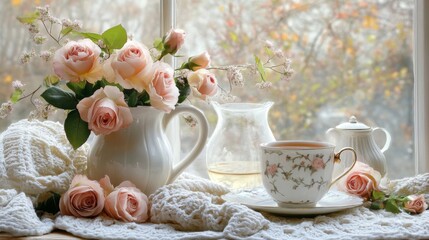 Roses Teacup Teapot Cozy Window Scene