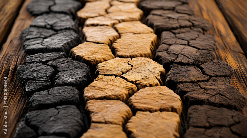 Poster a row of smooth rocks carefully arranged on a wooden table displaying unique polygonal texture appli