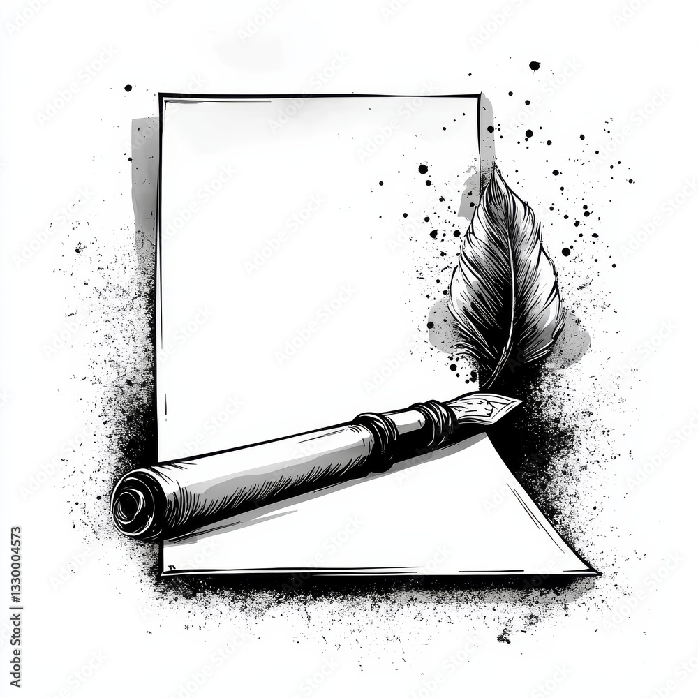 Aufkleber Ink Art: Quill Pen and Blank Paper with Splatter Background for Creative Projects