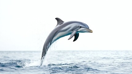 Fototapeta premium Playful Dolphin Leaping Joyfully Mid Air Showcasing Sleek Physique isolated on White Background. Swimming in clear waters, showcasing natural beauty of marine wildlife in a stunning underwater scene.
