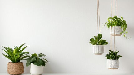 Fototapeta premium Tiered macrame plant hangers in neutral tones, relaxing indoor jungle, peaceful atmosphere