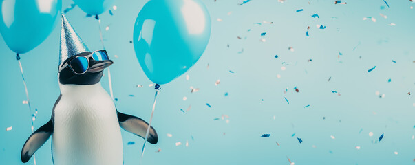 Funny penguin wearing sunglasses holding happy birthday balloons and confetti explosion flying around greeting card on blue background with copy space.
