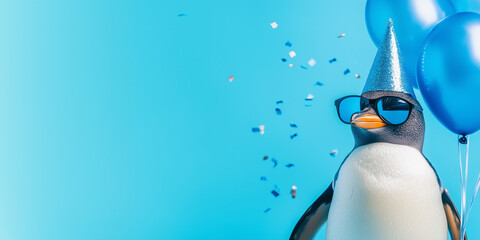 Funny penguin wearing sunglasses holding happy birthday balloons and confetti explosion flying around greeting card on blue background with copy space.