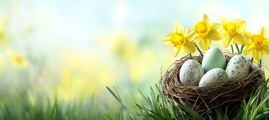 Fototapeta premium Easter holiday celebration is marked by a banner greeting card showcasing white and yellow Easter eggs nestled in a basket with yellow daffodils