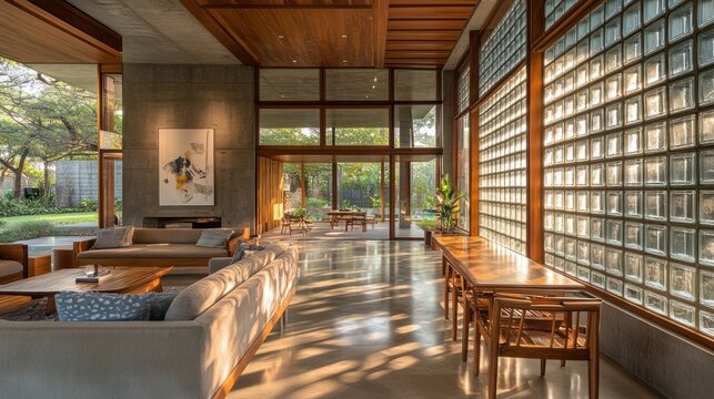 Modern living room, glass block wall, garden view, sunlight, interior design