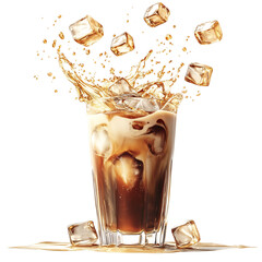 Iced Coffee with Swirling Milk and Ice Cubes Isolated on Transparent Background