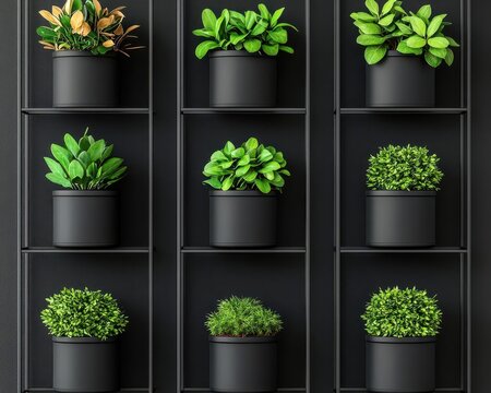 Metal grid plant wall with modular holders, customizable greenery display