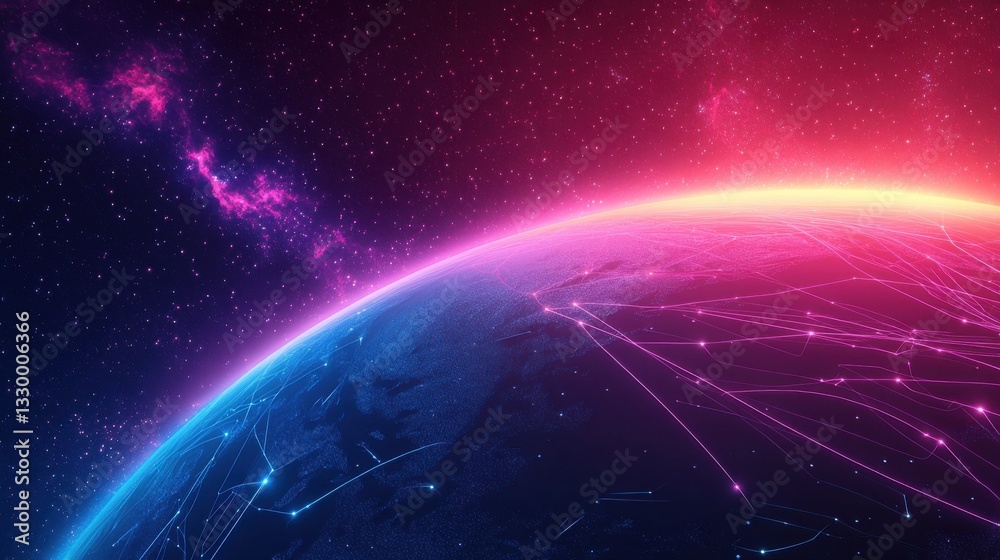 Wall mural an 80s inspired neon graphic of the earth from space with smooth gradient colored network lines