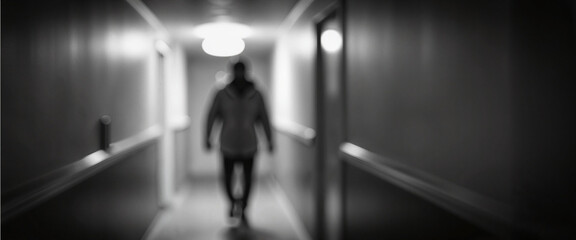 Blurry figure sneaking through dimly lit hallway, suspenseful theft