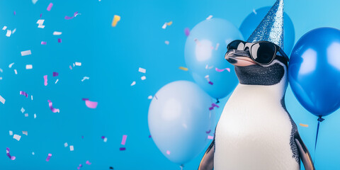 Funny penguin wearing sunglasses holding happy birthday balloons and confetti explosion flying around greeting card on blue background with copy space.