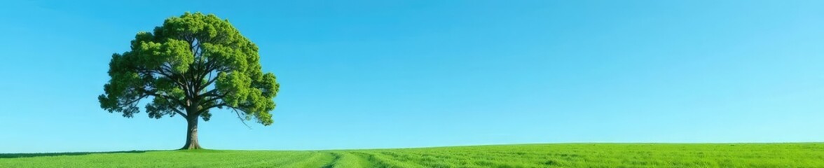 Fototapeta premium Single majestic tree against a clear blue sky, evergreen, landscape, serene