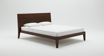 Modern Wooden Bed Frame with White Bedding on Clean Background