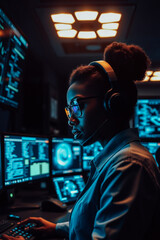 Obraz premium Female data analyst in control room