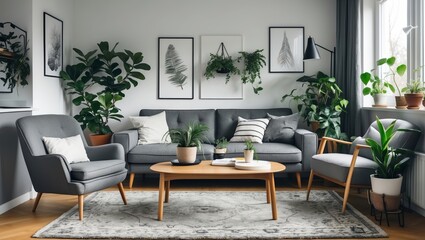 Modern living room with plants and decorative art creating a cozy atmosphere in a well-lit space