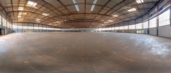 Obraz premium Vast Empty Industrial Space: A 360? View of a Large, Abandoned Warehouse
