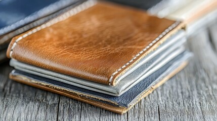 Leather wallet on wooden surface with texture details