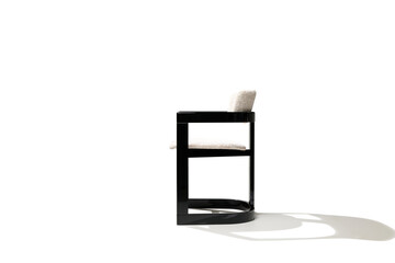 A modern, minimalist chair with a sleek design isolated on white + clipping path. The chair is positioned centrally against a plain white background. Studio shoot photography.