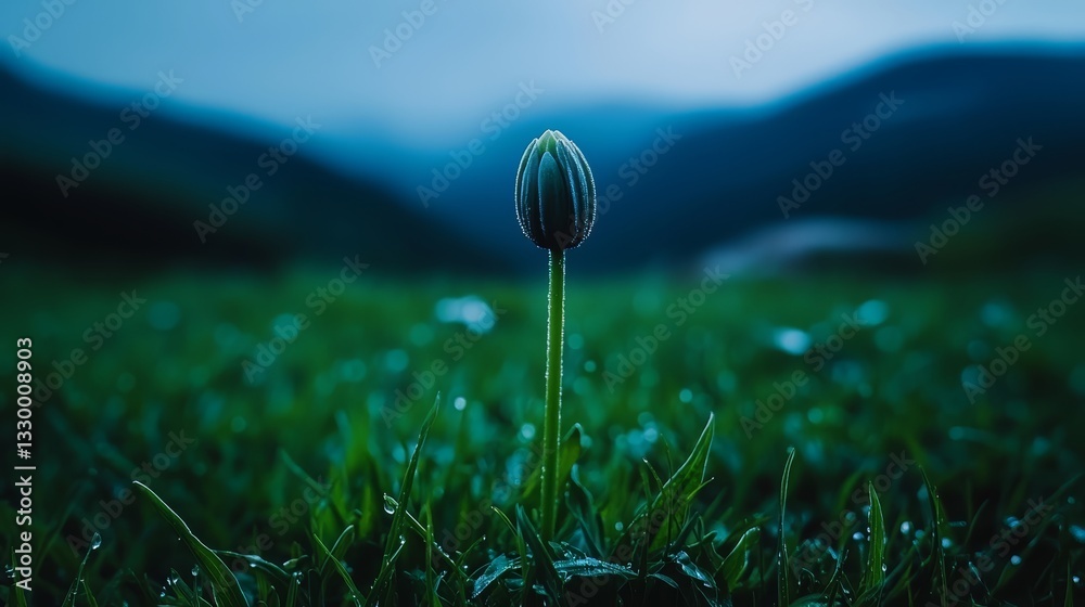 Poster single flower is standing in a field of grass. the grass is wet and the sky is cloudy