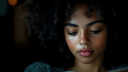 Young African American woman with natural curly hair in dramatic low key lighting, closed eyes and peaceful expression showing natural beauty and serenity.