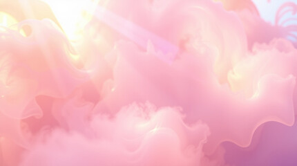 Electrically vivid colors dominate the abstract liquid background. A soft, dreamy atmosphere is created by volumetric lighting, hazy fog and light beams