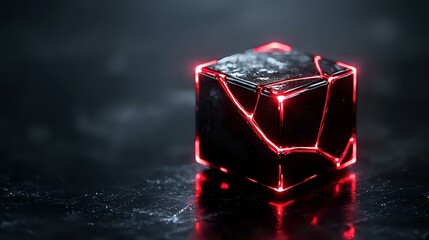 Black ice cube with glowing red neon cracks on dark background, dramatic lighting creates mysterious atmosphere for creative design projects.