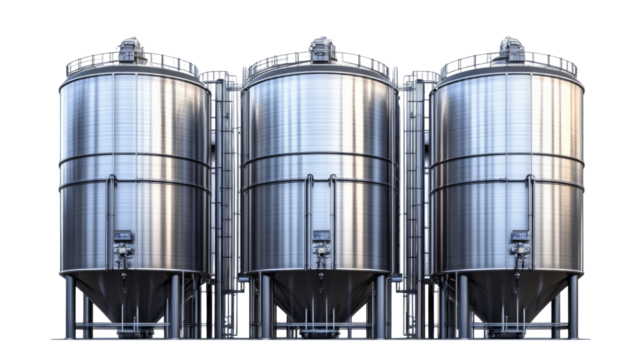 Three industrial silos storing food or chemicals on transparent background