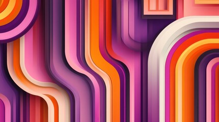 Abstract geometric background featuring overlapping purple, orange, and pink rectangular shapes with rounded corners in a layered pattern.