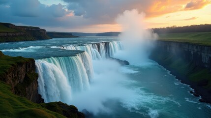 Majestic Waterfall Cascading Over Rocky Cliffs in a Serene Forest