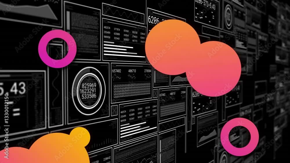 Poster animation of colorful abstract shapes overlaying digital data panels with graphs