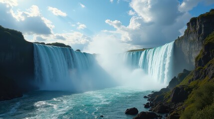 Fototapeta premium Majestic Waterfall Cascading Over Rocky Cliffs in a Serene Forest