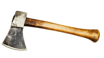 Old worn axe with wooden handle on transparent background