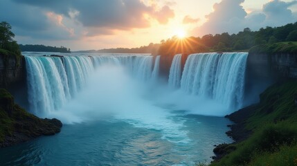Fototapeta premium Majestic Waterfall Cascading Over Rocky Cliffs in a Serene Forest