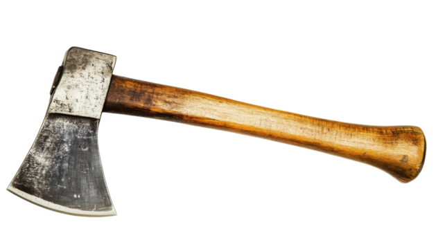 Old worn axe with wooden handle on transparent background