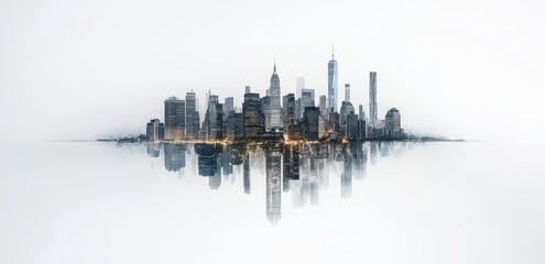 A panoramic view of Manhattan's skyline illuminated at dusk, featuring an urban cityscape with tall buildings and waterfront, set against a white background to represent New York City