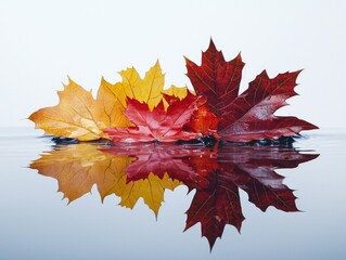 Fototapeta premium Autumn leaves in red, orange, and yellow hues float serenely on calm water, reflecting their vibrant colors.