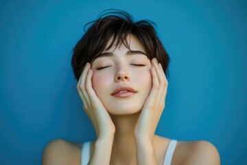 A Japanese woman with short hair touching her face with her eyes closed and a smile on her face.