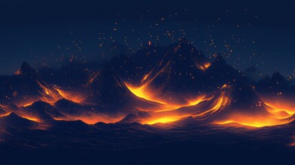Abstract digital landscape with glowing orange particles on a dark blue background.