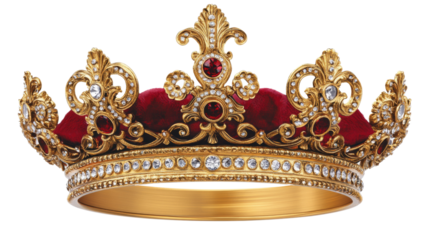Golden royal crown with red velvet and jewels on transparent background