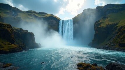 Majestic Waterfall Cascading Over Rocky Cliffs in a Serene Forest