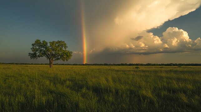 Lone tree in grassy field with rainbow and storm clouds.