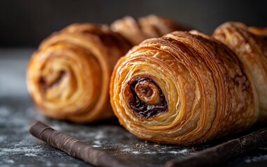 Fototapeta premium Close-up of Chocolate Croissant Pastries with Flaky Layers and Dark Chocolate
