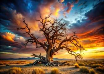 Twisted, surreal branches claw a fantasy sky, dried roots grasping ethereal earth.