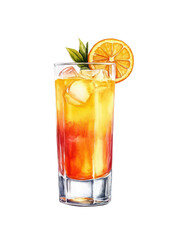 Fototapeta premium PNG Tequila Sunrise cocktail in highball glass with ice cubes, orange slice, and garnish. Watercolor illustration of layered drink with grenadine, orange juice, and tequila. Mixology and tropical